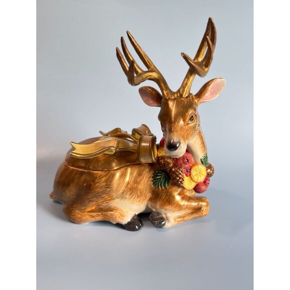 Fitz & Floyd Deer Winter Spice Lidded Christmas Trinket Box Figurine 8 1/2" x 6 - Picture 1 of 9